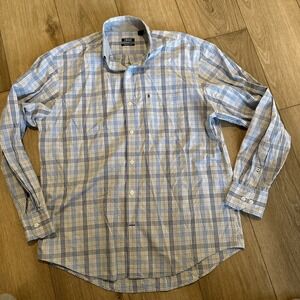 IZOD Button Down Dress Shirt Size Medium Mens Blue Plaid Long Sleeve Preowned‎
